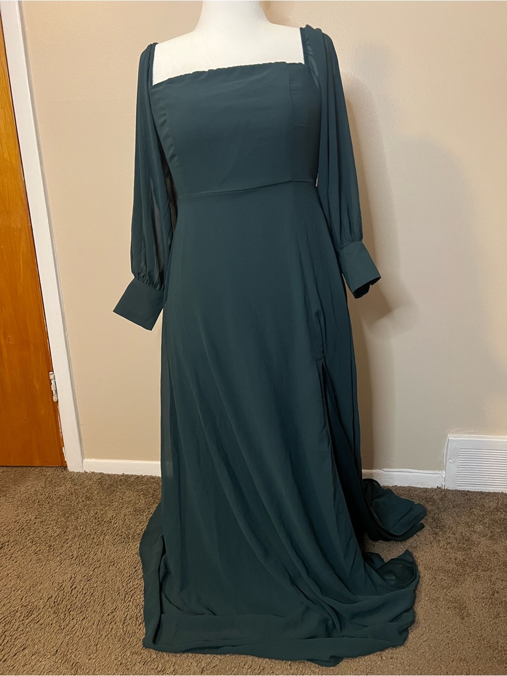 Lulus Dark Green Long Puff Sleeve Maxi Dress With Leg Slit
